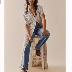 Max Studio Stripped Denim Collared Maxi Dress Sz. S Sleeveless Belted Cardigan